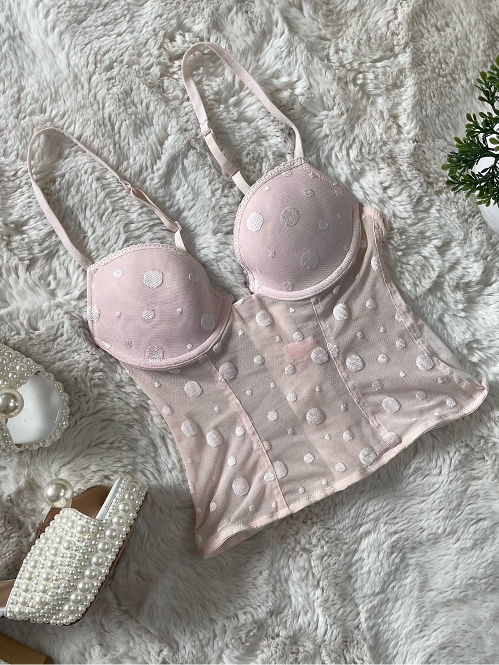 Vtg Lily of France Pink Polka Dot Mesh Bustier 32A